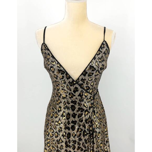AIDAN BY AIDAN MATTOX Leopard Sequin Wrap Dress Size 0 Gold Black Sleeveless - Picture 7 of 15